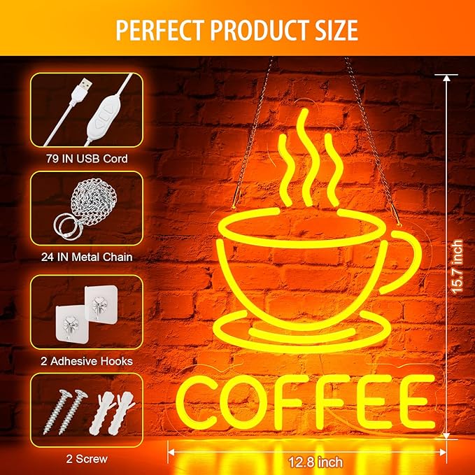 Coffee Neon Sign for Wall Decor, Dimmable USB Powered Bright Led Signs for - Image 5