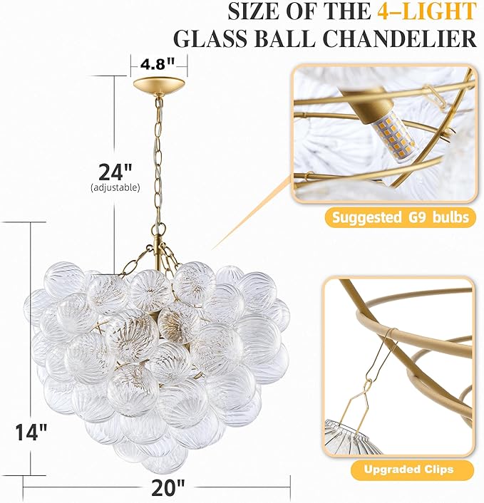Nordic Bubble Ball Swirled Glass Chandelier, Dia 20 inch Gild Gold and Clear - Image 2