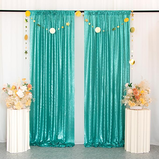 ShinyBeauty Sequin Backdrop Curtains 4 Panels Teal 2FTx8FT Sequin Fabric Photo - Image 7
