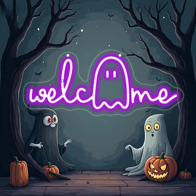 Halloween Welcome Ghouls Neon Sign, Spooky Ghost LED Halloween Decor, Haunted - Image 2