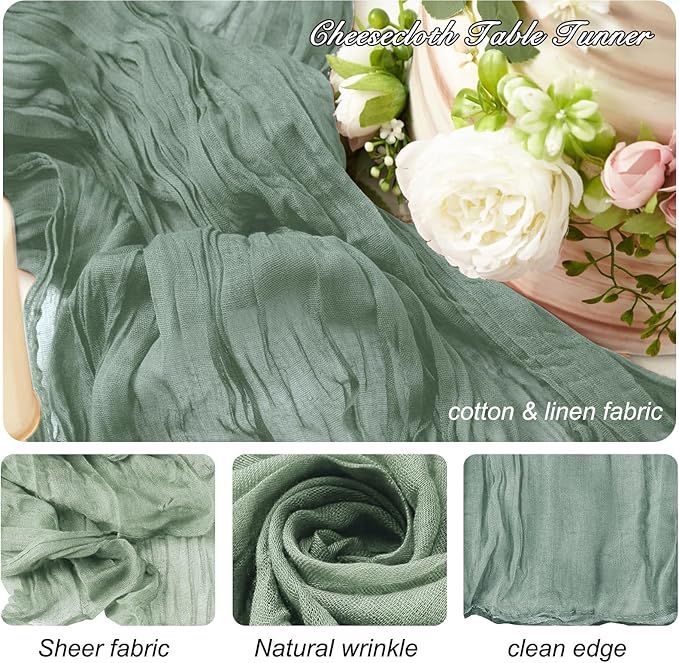 8 Pack 10Ft Sage Green Cheesecloth Table Runner 35x120 inch Boho Gauze Cheese - Image 2