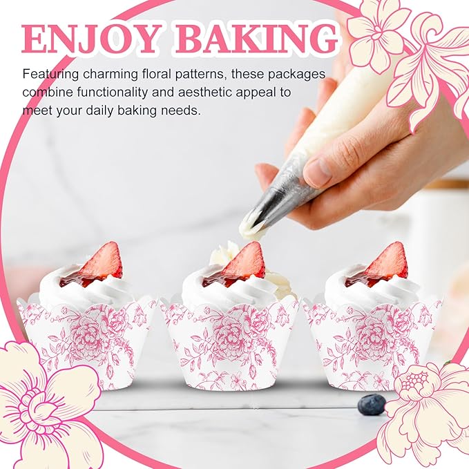 Domensi 100 Pcs Pink Floral Cupcake Wrappers Rustic Cupcake Liners Pink Baking - Image 2