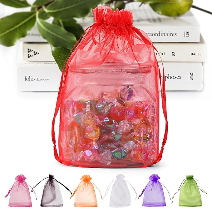 ANZNKU 100 Pack Red Organza Bags 6x9 inches Mesh Bags Drawstring, Gift Bag by ANZNKU