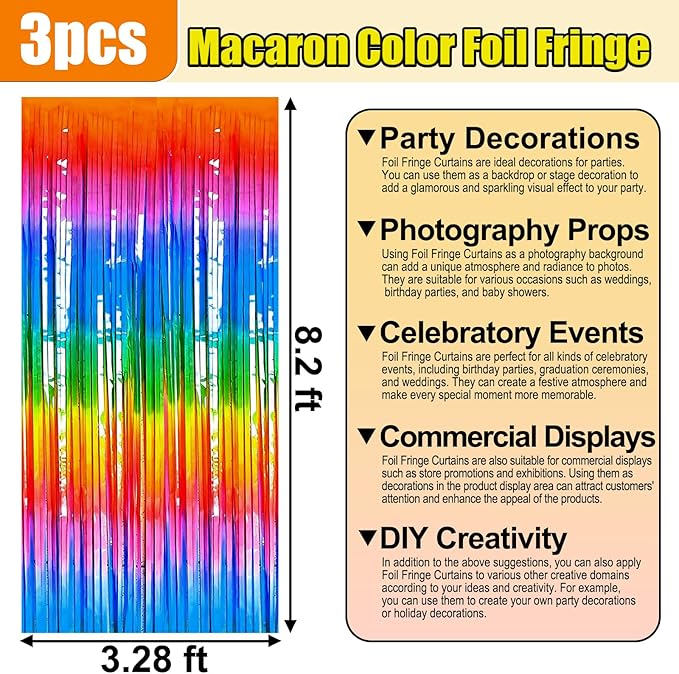3 Pack Rainbow Foil Fringe Curtain Backdrop, 3.28Ft x 8.2Ft Metallic Tinsel - Image 2