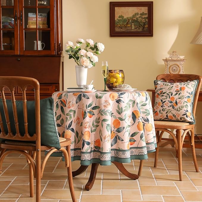 patdrea Designer Linen Round Table Cloth, Vintage Framhouse Oranges and Leaves - Image 4