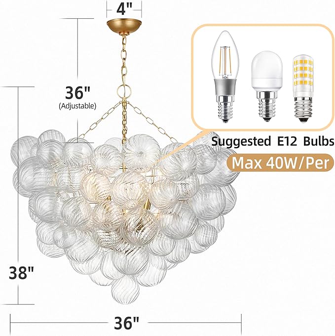 Nordic Bubble Ball Swirled Glass Chandelier, Dia 36 inch Gild Gold and Clear - Image 2