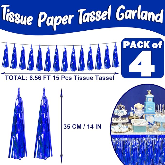 4P Blue Foil Fringe Metallic Tassel Streamers Banner Tassel Garland - Image 2