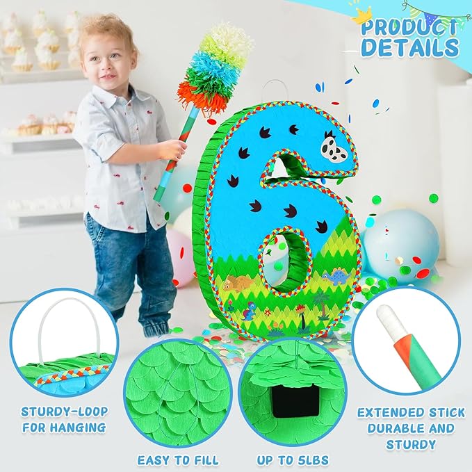 Number 6 Pinata for Birthday Party Decorations, Jungle Dinosaur Piñata Games Toy - Image 5