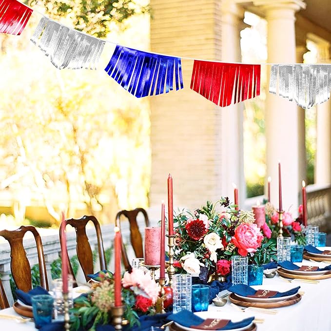 Blue Red Silver Tassel Banner Metallic Fabric Pennant Bunting Flag - Image 8