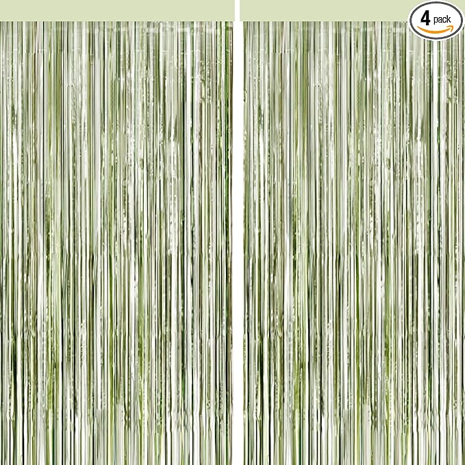 4 Packs Sage Green Foil Fringe Curtain, Light Green Glitter Metallic Tinsel by BSRESIN