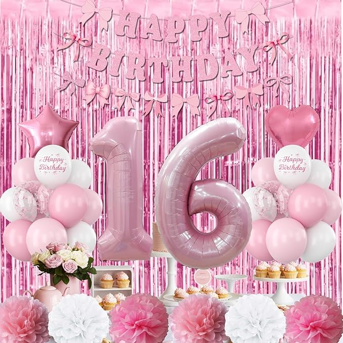 16th Birthday Decorations for Girls Pink Number 16 Balloon Bow Coquette Happy - Image 2