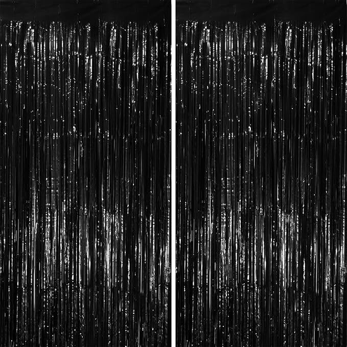 2 Pack Black Tinsel Foil Fringe Curtains, Metallic Tinsel Party Streamers by Voircoloria
