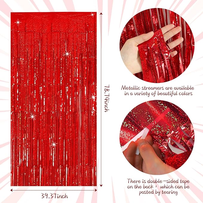 Tinsel Curtain Party Backdrop Red Birthday Decorations 2 Packs Glitter Foil - Image 7