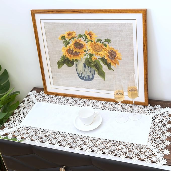 White lace Premium Rectangle Farmhouse Table Runner Waterproof OilProof - Image 2