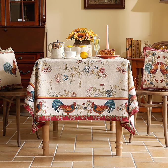 patdrea Designer Linen Red Long Rectangle Tablecloth, Vintage French Animals - Image 3