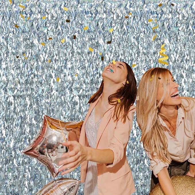 TONIFUL 3Pcs Wavy Metallic Tinsel Foil Fringe Curtains Silver Streamer Backdrop - Image 6