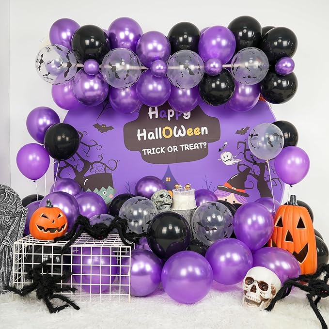 Halloween Balloons, Metallic Purple and Halloween Bat Printed Clear Balloon - Image 3