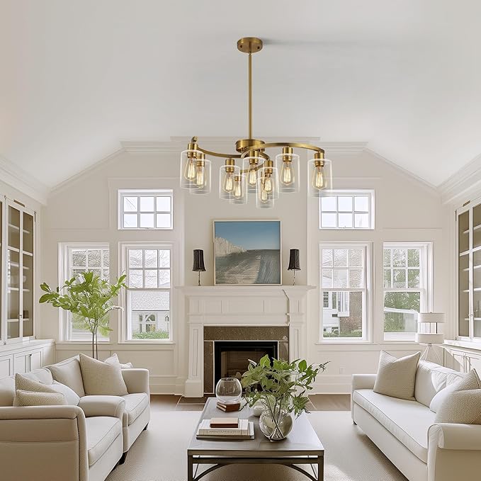 9-Light Gold Glass Chandelier, Adjustable Height Dining Room Light Fixtures - Image 4