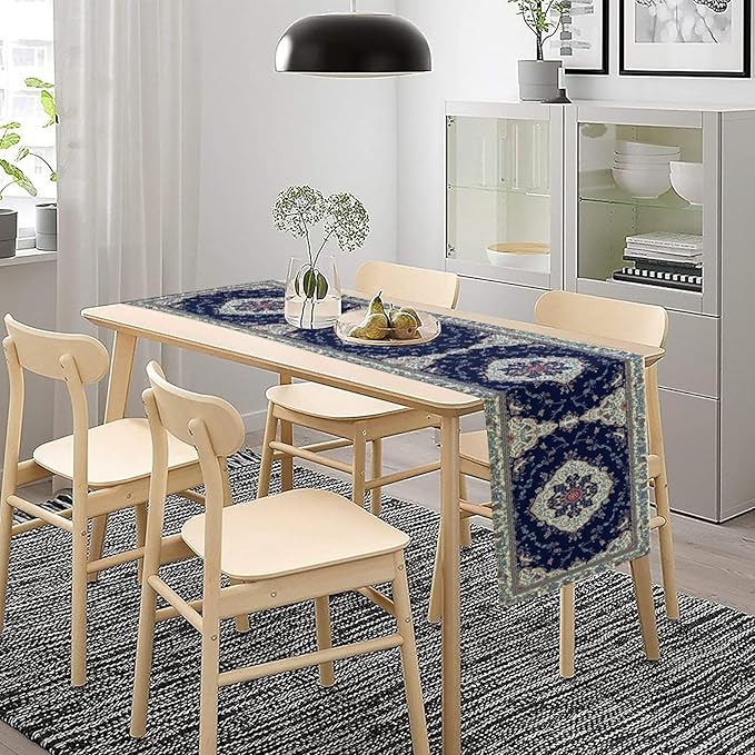 Elegant Palace Boho Blue Table Runner Vintage French Style Farmhouse Geometric - Image 3