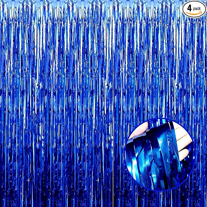 4 Pack Blue Foil Fringe Curtain Backdrop, 3.28Ftx8.2Ft Metallic Tinsel Streamers by Unknown