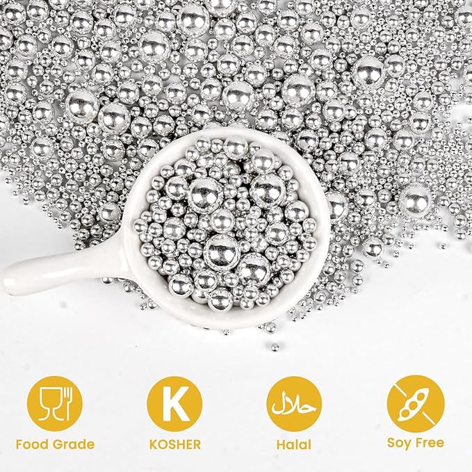 Edible Silver Pearl Sugar Sprinkles, Mix Size, 180g/6.35oz, Cake Decorations - Image 4