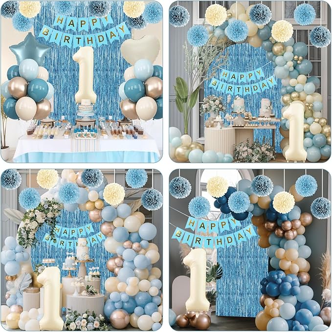 Dusty Blue 1st Birthday Decorations Beige Cream Number 1 Balloon - Image 7