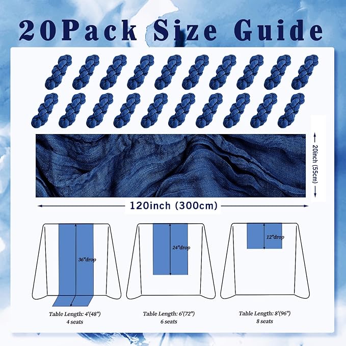 10FT 20 Pack Royal Blue Cheesecloth Table Runner 20 x 120 Inch Long Rustic - Image 2