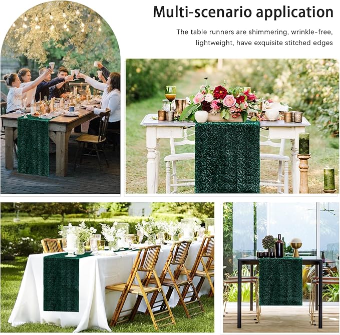 6 Packs 12 x 72 inches Sequin Table Runner, Hunter Green Glitter Table Runner - Image 6
