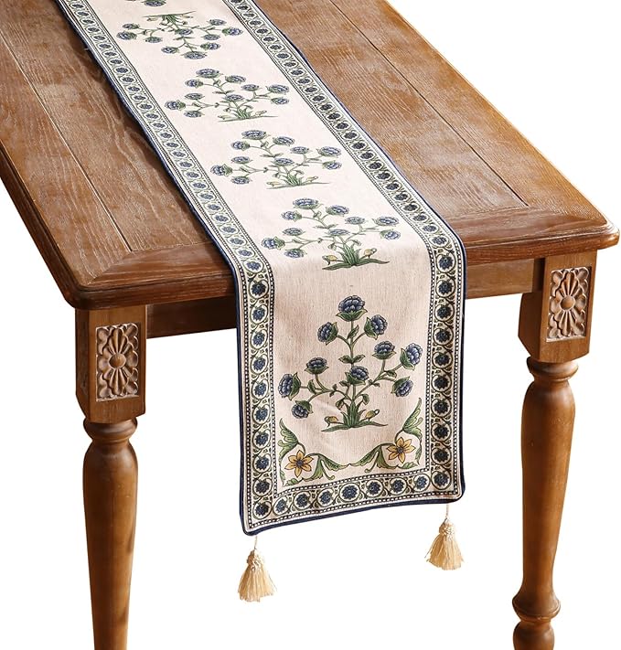 patdrea Designer Blue Rustic Elegant Floral Patterned Linen Table Runner 87 by Welcometopatdrea