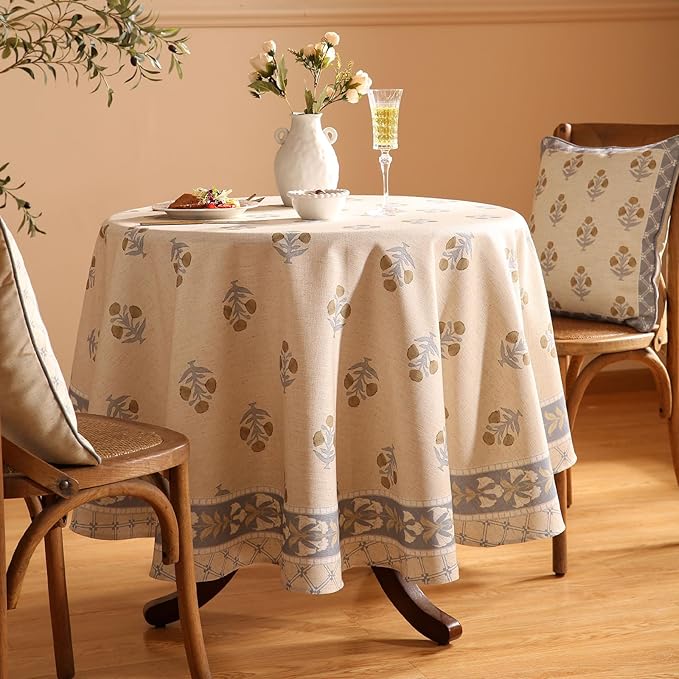 patdrea Designer Beige Round Tablecloth, Vintage Linen Yellow Floral Pattern - Image 8