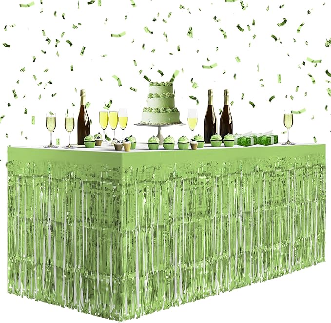 1 Pack Light Green Table Skirts, 29x108" Metallic Foil Tinsel Fringe Table by Unknown