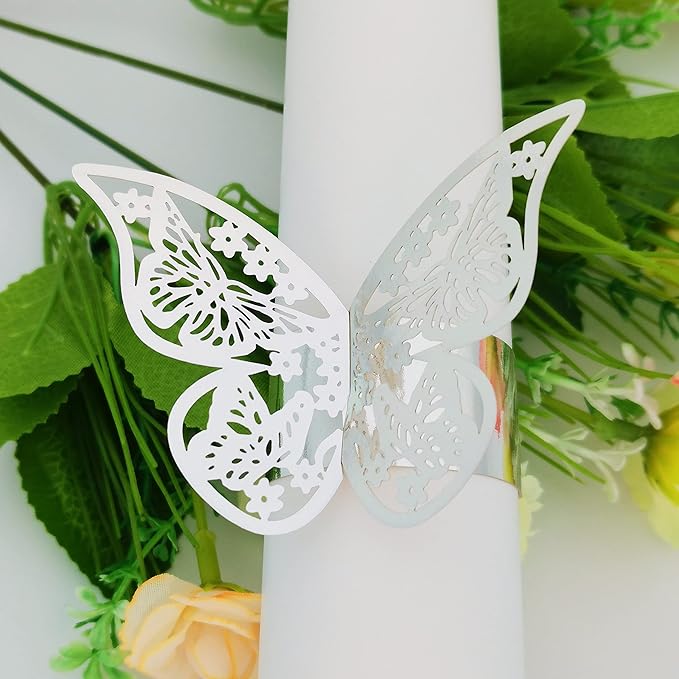 Butterfly Silver Paper Napkin Rings Set of 100 pcs，3D Laser Cut Foil Cutout - Image 2
