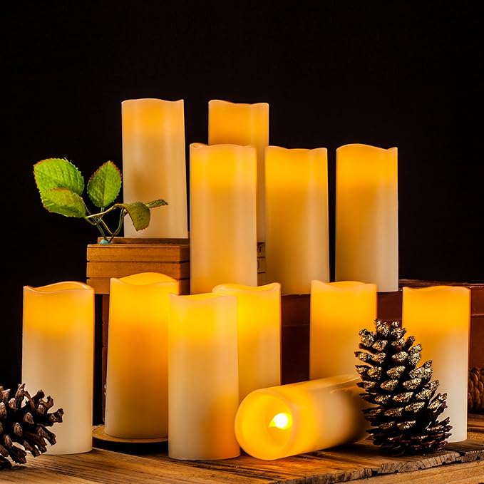 Flameless Candles Flickering LED Candles Set of 12 Ivory Real Wax Pillar - Image 5