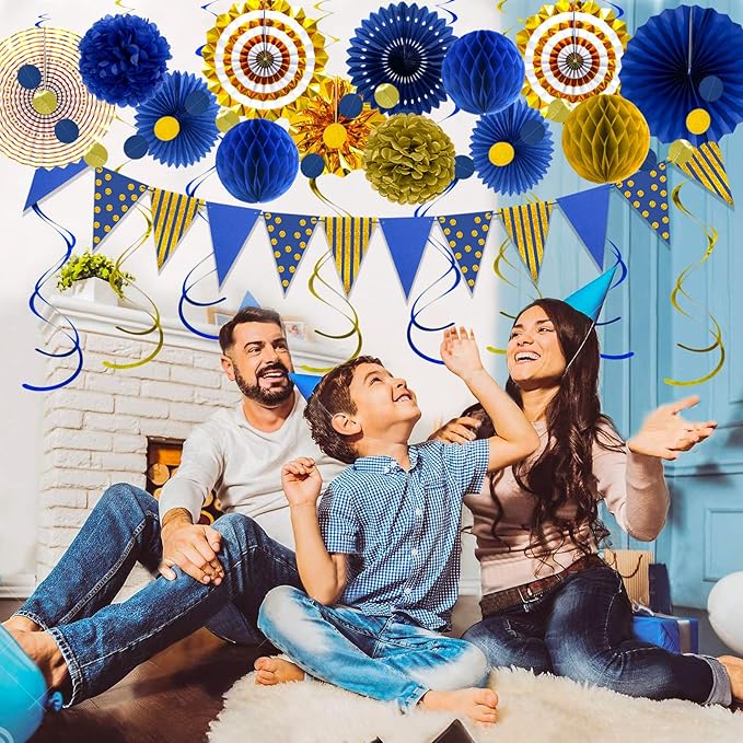 Blue Gold Party Decorations Paper Fans, Graduation Season Hanging Glitter - Image 5