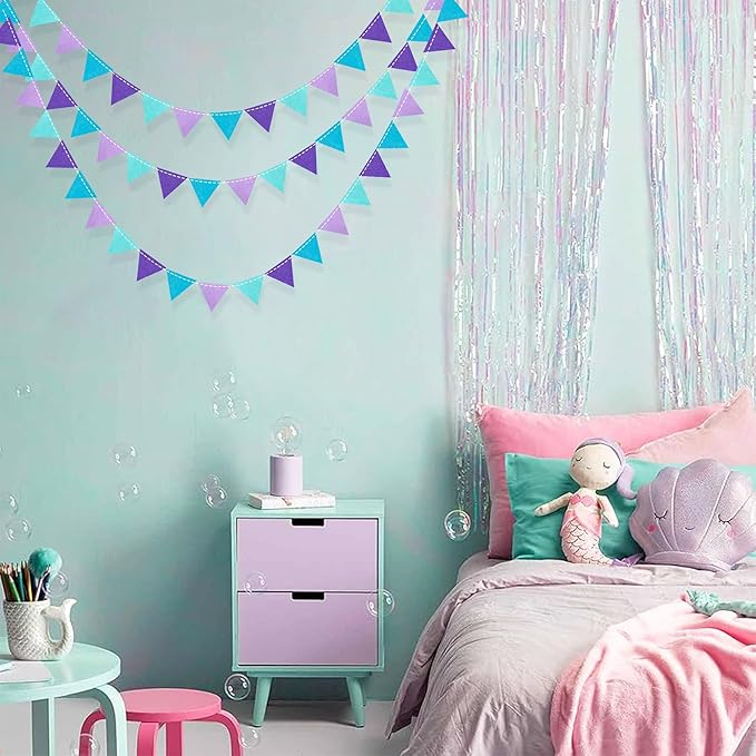 Mermaid Party Decorations Purple Teal Felt Hanging Triangle Mini Bunting - Image 7