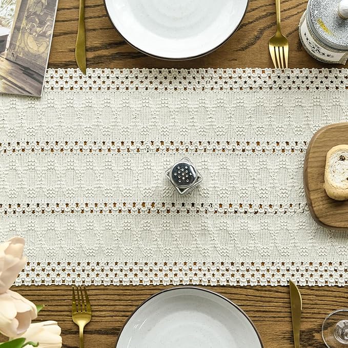 Artoid Mode Beige Farmhouse Woven Rustic Hollow Table Runner, Seasonal Holiday - Image 3