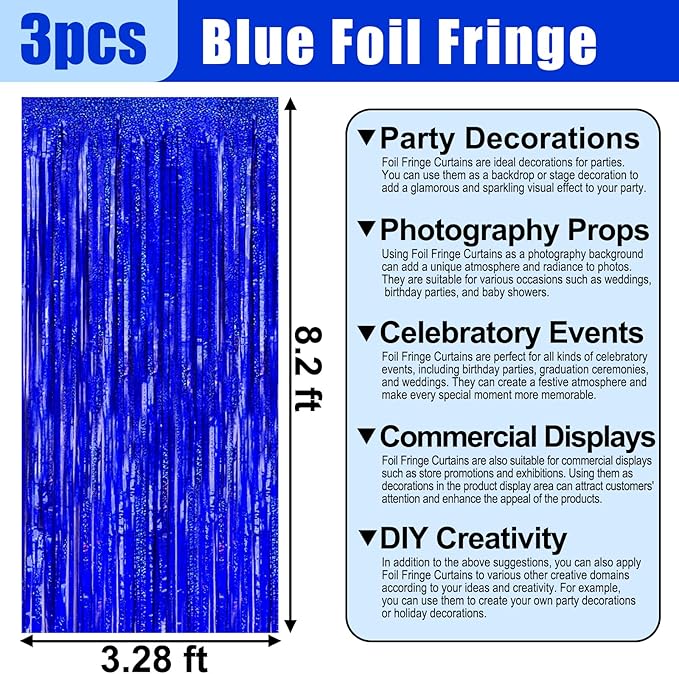 3 Pack Blue Foil Fringe Curtain Backdrop, 3.28Ft x 8.2Ft Metallic Tinsel Foil - Image 2