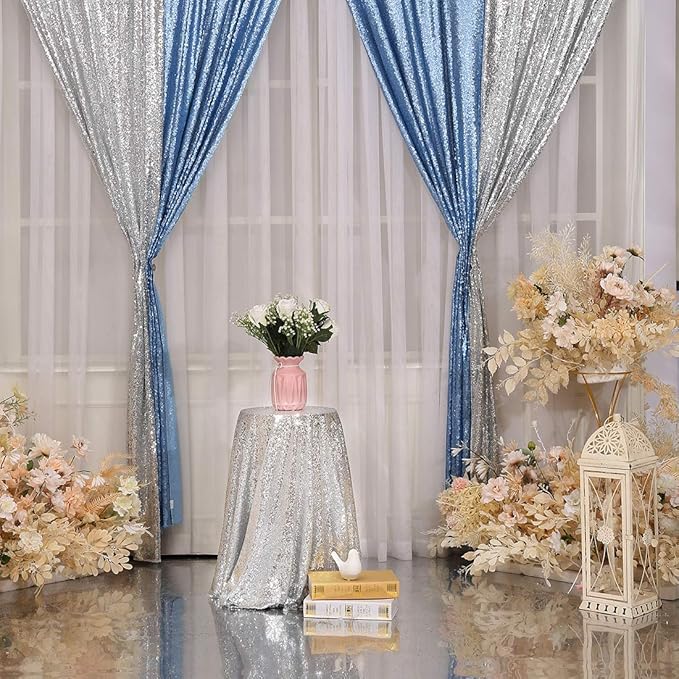 Poise3EHome 2Pcs 3Ft x 8Ft Baby Blue Sequin Backdrop Curtain, Glitter - Image 6