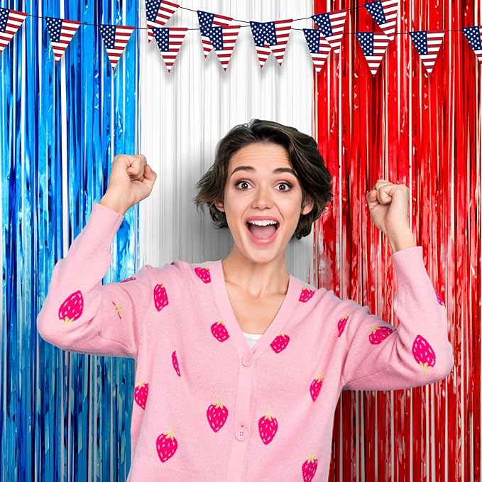 3 Pack 3.3 x 8.2 ft Red White and Blue Foil Fringe Backdrop Curtains, Tinsel - Image 7