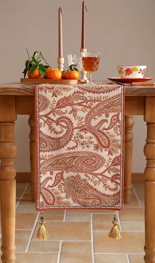ISAENNE Designer Elegant Red Linen Extra Long Table Runner 118 Inches, Vintage - Image 3
