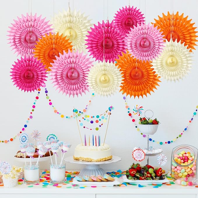 BestoFun 12PCS Paper Fans Hot Pink and Orange Party Decorations Tissue Paper - Image 2