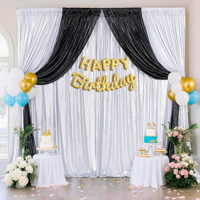 Silver Photo Backdrop 2 Panels 4.8x8FT Long Backdrop Drapes Curatin Glitter - Image 3