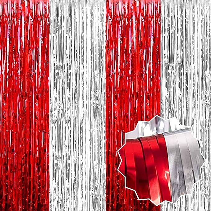 3 Pack Red Silver Foil Fringe Curtains Backdrop, 3.28 x 9.8 Ft Metallic by LANTIANCHEN