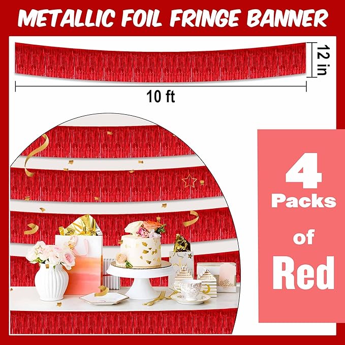 4 Pack 10 Ft Red Foil Fringe Garland Metallic Streamers Tinsel Banner Wall - Image 2