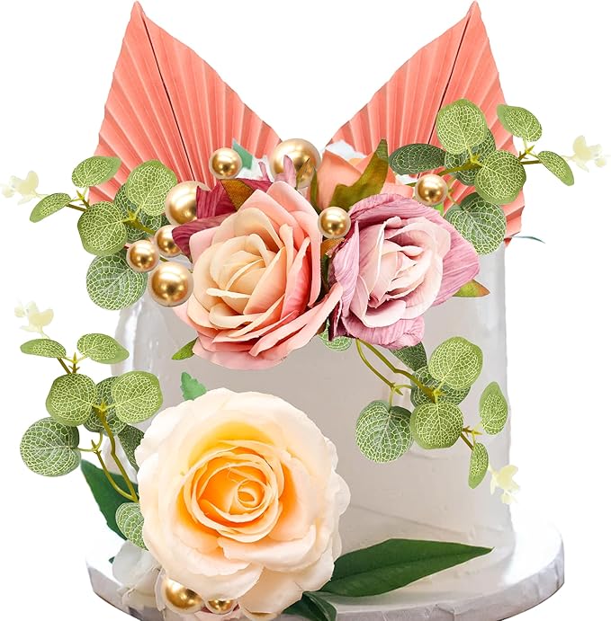 Gyufise 22Pcs Rose Artificial Flower Leaves Cake Topper Decorations Gold - Image 2