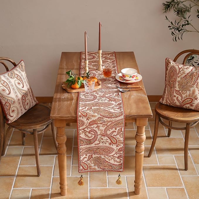 ISAENNE Designer Elegant Red Linen Table Runner 102 Inches Long, Vintage - Image 8