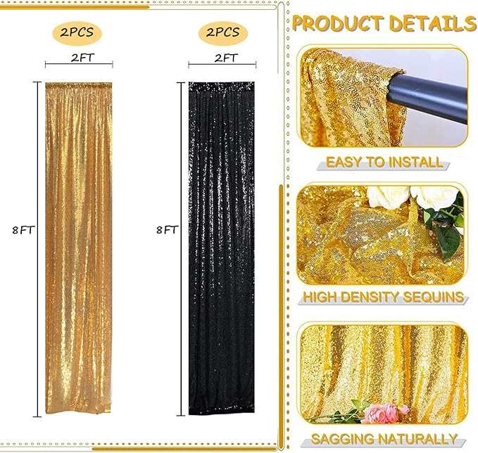 Black Gold Sequin Backdrop Curtain 4 Panels 2FTx8FT Glitter Background Drapes - Image 2