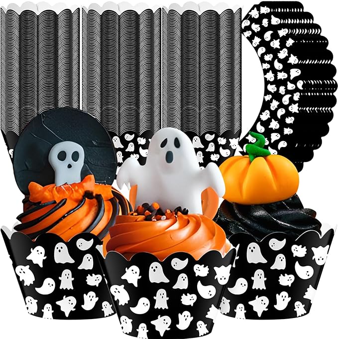 Domensi 100 Pcs Halloween Ghost Cupcake Wrappers Cupcake Liners Ghost Baking by Domensi