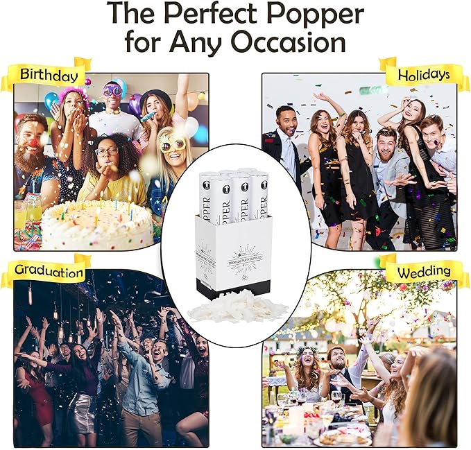 Clover Products 12" Biodegradable Confetti Cannons | 6 Pack | White Poppers - Image 3