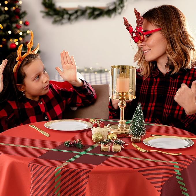 Christmas Tablecloth Round 60 Inch Waterproof, Machine Washable Checkered - Image 6